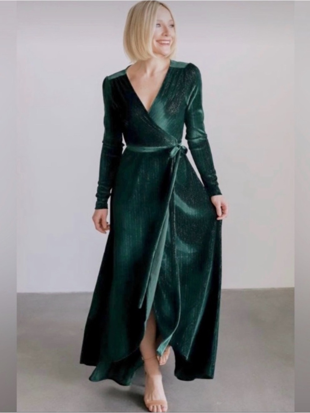 EUC Baltic Born Serena Shimmer Velvet Wrap Maxi Dress Metallic Forest Green - Picture 4 of 14